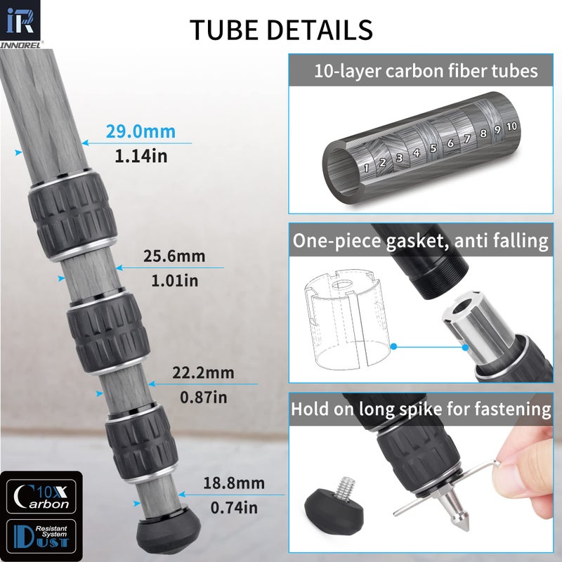 Innorel Carbon Fiber Tripod-INNOREL KT284C Super Professional Portable Travel Tripod for DSLR Camera Heavy Duty Compact Stand Support 1.1in/29mm Tube Max Load 44lbs/20kg with Short Center Column Only Tripod - Image 5