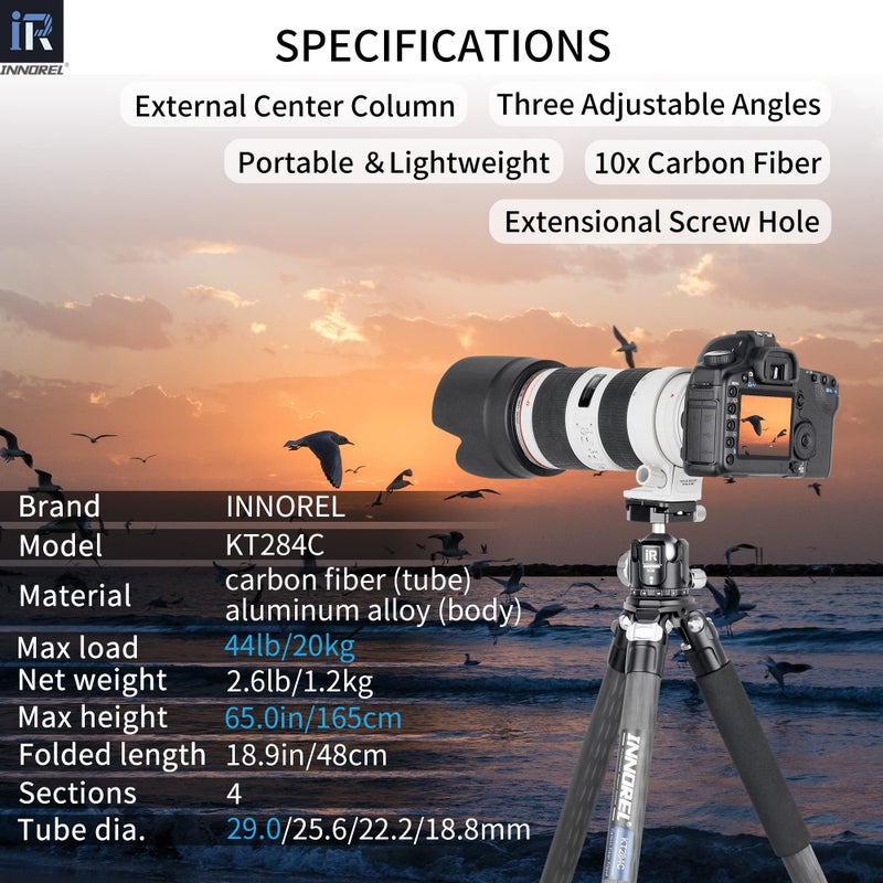 Innorel Carbon Fiber Tripod-INNOREL KT284C Super Professional Portable Travel Tripod for DSLR Camera Heavy Duty Compact Stand Support 1.1in/29mm Tube Max Load 44lbs/20kg with Short Center Column Only Tripod - Image 2