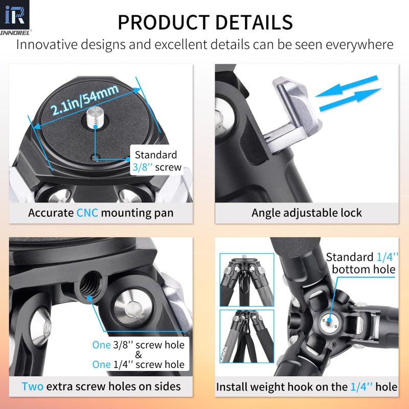 Innorel Carbon Fiber Tripod-INNOREL KT284C Super Professional Portable Travel Tripod for DSLR Camera Heavy Duty Compact Stand Support 1.1in/29mm Tube Max Load 44lbs/20kg with Short Center Column Only Tripod - Image 3