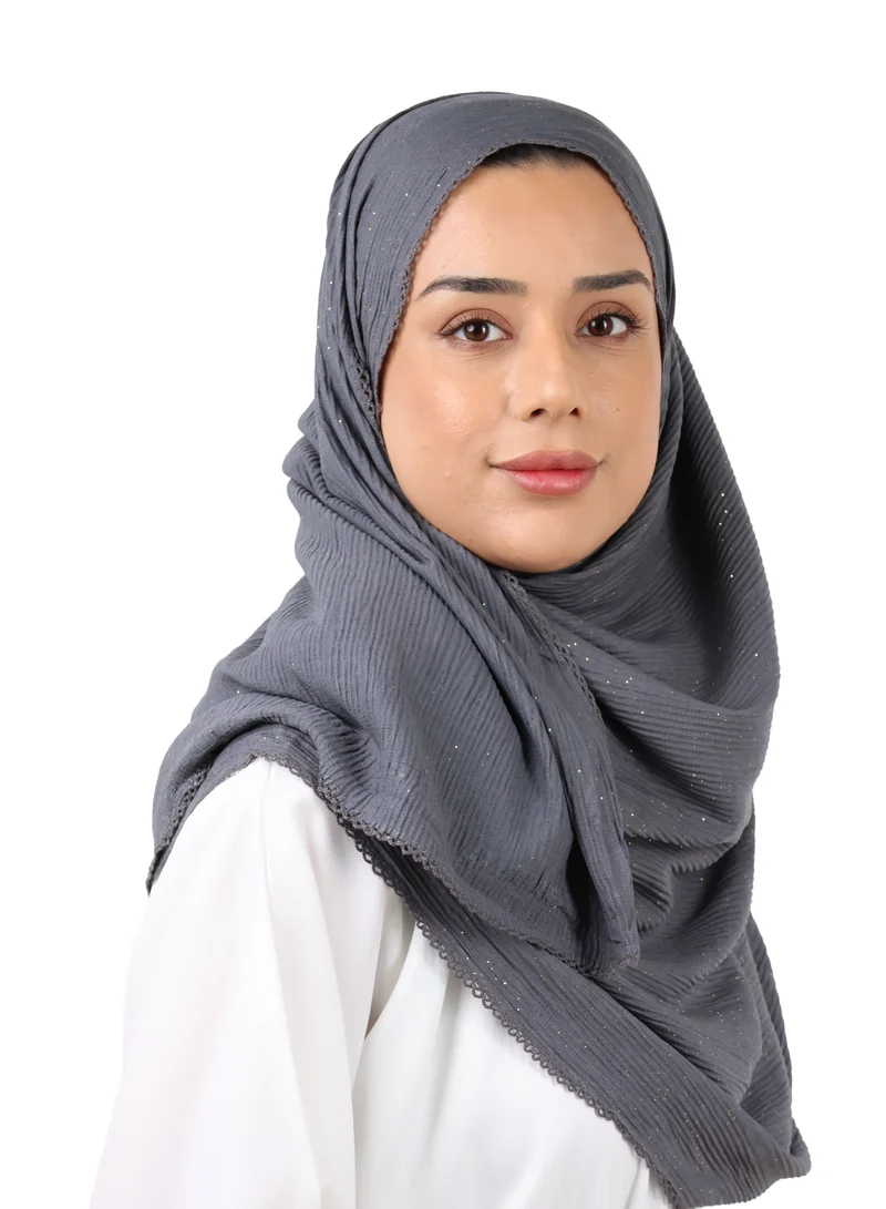 Jameela  Crinkle Cotton Mix Scarf with Lace Trim & Shimmer (Charcoal Grey) for Women | Best Price UAE