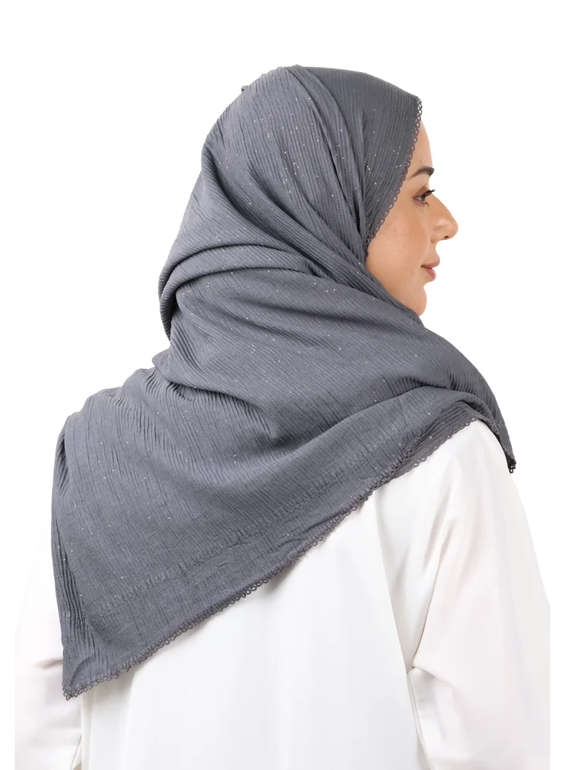 Jameela  Crinkle Cotton Mix Scarf with Lace Trim & Shimmer (Charcoal Grey) for Women | Best Price UAE