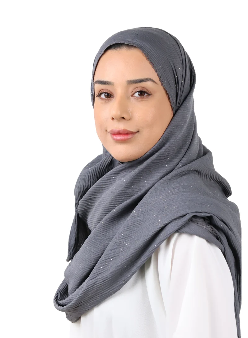 Jameela  Crinkle Cotton Mix Scarf with Lace Trim & Shimmer (Charcoal Grey) for Women | Best Price UAE