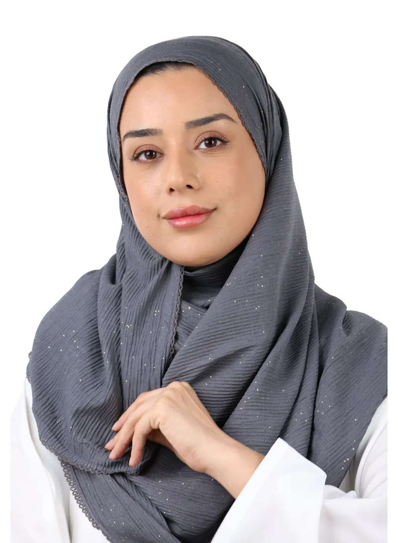 Crinkle Cotton Mix Scarf with Lace Trim & Shimmer (Charcoal Grey)