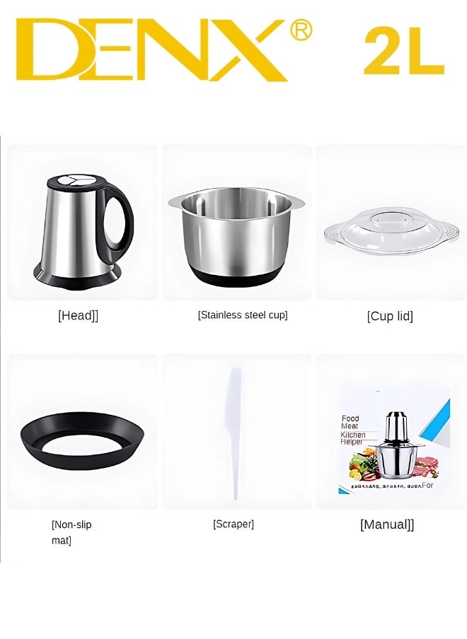 Electric Meat Grinder, Food Processor Blender With 2L Stainless Steel Bowls, Vegetable And Fruit Chopper For Dicing, Mincing, Silver