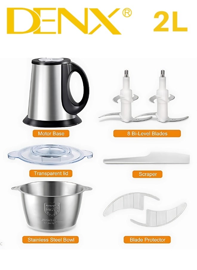 Electric Meat Grinder, Food Processor Blender With 2L Stainless Steel Bowls, Vegetable And Fruit Chopper For Dicing, Mincing, Silver