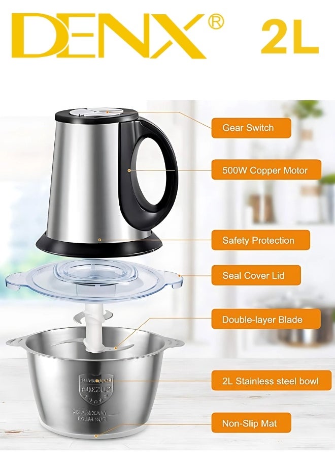Electric Meat Grinder, Food Processor Blender With 2L Stainless Steel Bowls, Vegetable And Fruit Chopper For Dicing, Mincing, Silver
