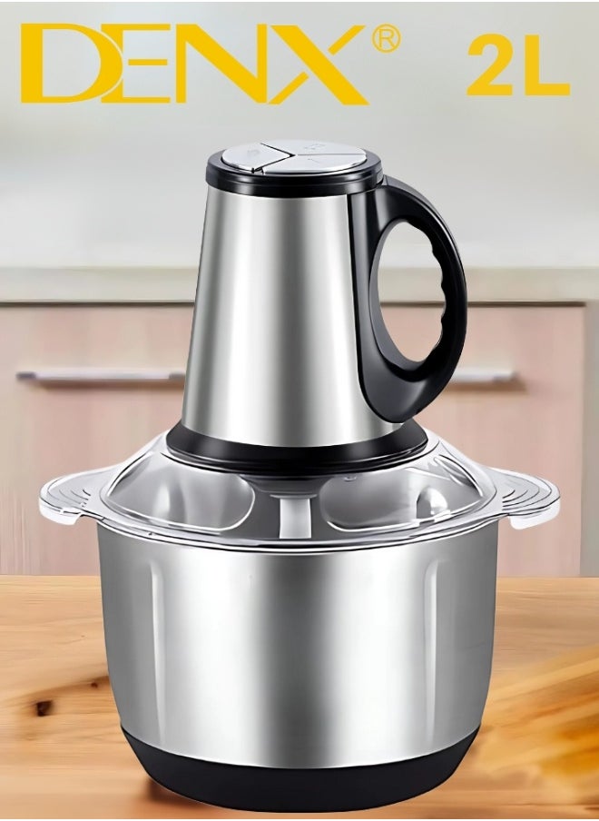 Electric Meat Grinder, Food Processor Blender With 2L Stainless Steel Bowls, Vegetable And Fruit Chopper For Dicing, Mincing, Silver
