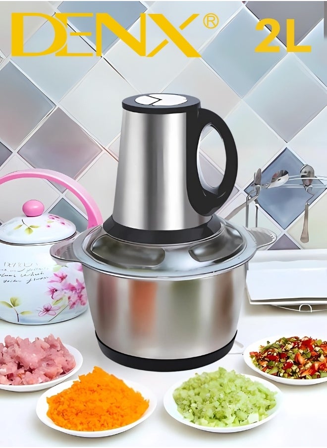 Electric Meat Grinder, Food Processor Blender With 2L Stainless Steel Bowls, Vegetable And Fruit Chopper For Dicing, Mincing, Silver