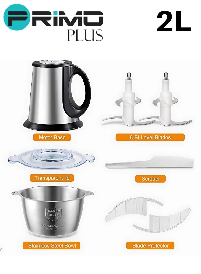 بريمو بلس مفرمة لحم و خضار كهربائية متعددة الاستخدام من بريمو بلس موديل PR603، بقدرة 250 واط ووعاء كبير من الستانلس ستيل المقاوم للصدأ بسعة 2 لتر، مع تحكم بسرعتين وأربع شفرات حادة، قطاعة و فرامة لحم و خضار بتصميم آمن بالقفل المحكم، مثالية لفرم اللحوم وتقطيع الخضروات والفواكه والمكسرات وتحضير الصلصات - Image 3