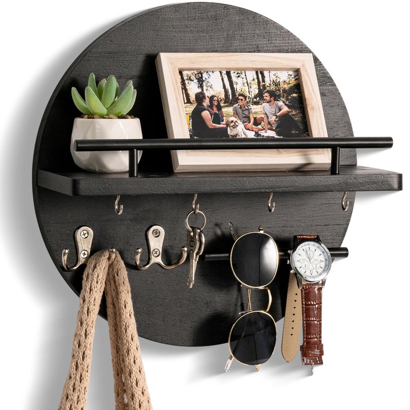 dreampossible Key Holder for Wall Decorative with Shelf and Hooks Mail Organizer Wall Mount Circular Design Entryway Key Rack Hanger Rustic Home Decor Black