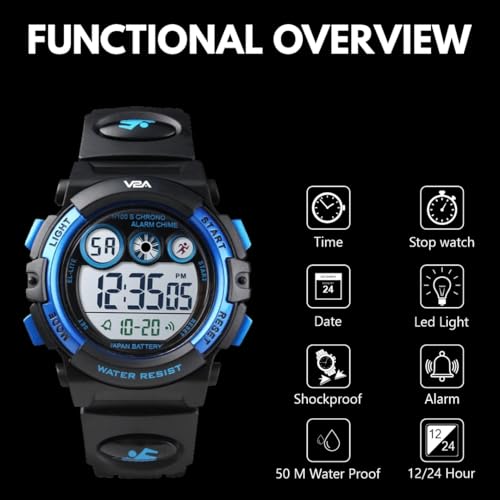 V2A Resin Digital Waterproof Kid's Sports Watch (Yellow Dial, Blue), Blue Band - Image 3