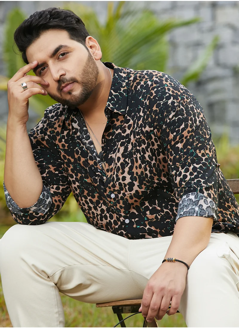 انستافاب بلس Instafab Plus Men's Yellow Ochre & Onyx Black Cheetah Imprint Shirt For Casual Wear | Spread Collar | Long Cuffed Sleeves | Button Closure | Plus Size Shirt Crafted With Comfort Fit For Everyday Wear