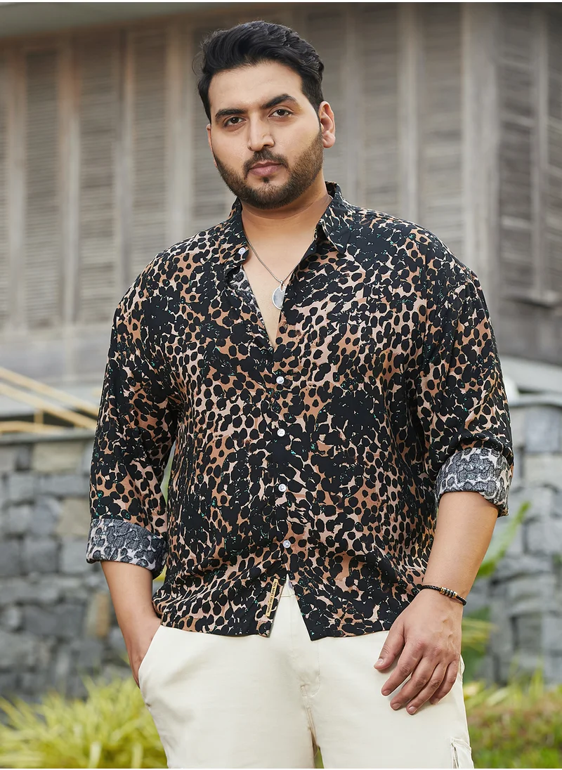 انستافاب بلس Instafab Plus Men's Yellow Ochre & Onyx Black Cheetah Imprint Shirt For Casual Wear | Spread Collar | Long Cuffed Sleeves | Button Closure | Plus Size Shirt Crafted With Comfort Fit For Everyday Wear