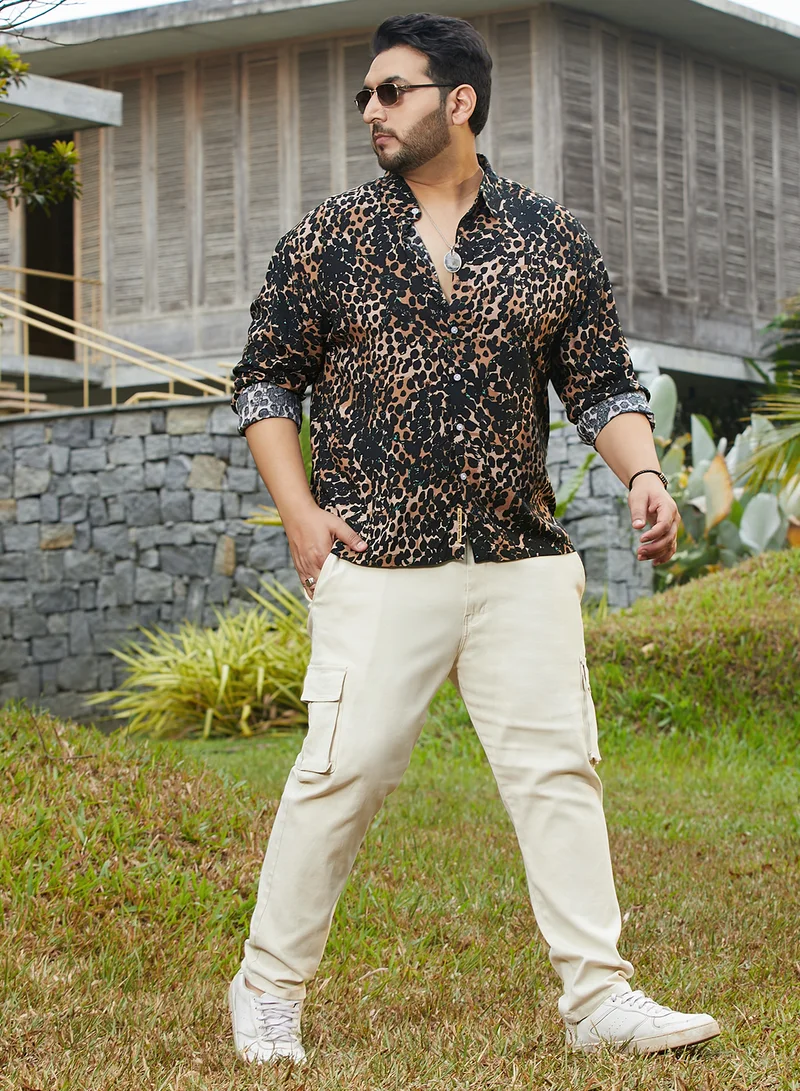 Instafab Plus Instafab Plus Men's Yellow Ochre & Onyx Black Cheetah Imprint Shirt For Casual Wear | Spread Collar | Long Cuffed Sleeves | Button Closure | Plus Size Shirt Crafted With Comfort Fit For Everyday Wear