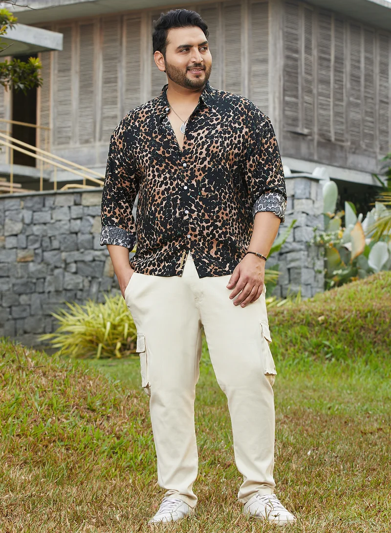 Instafab Plus Instafab Plus Men's Yellow Ochre & Onyx Black Cheetah Imprint Shirt For Casual Wear | Spread Collar | Long Cuffed Sleeves | Button Closure | Plus Size Shirt Crafted With Comfort Fit For Everyday Wear