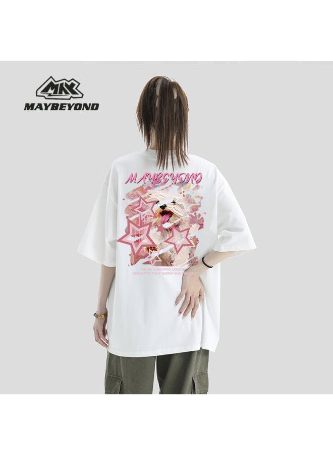 Maybeyond American Style Short Sleeve T-shirt Men Summer Loose Top Women Heavyweight Cotton Printed Base Shirt Ma06 White 3XL - Image 1