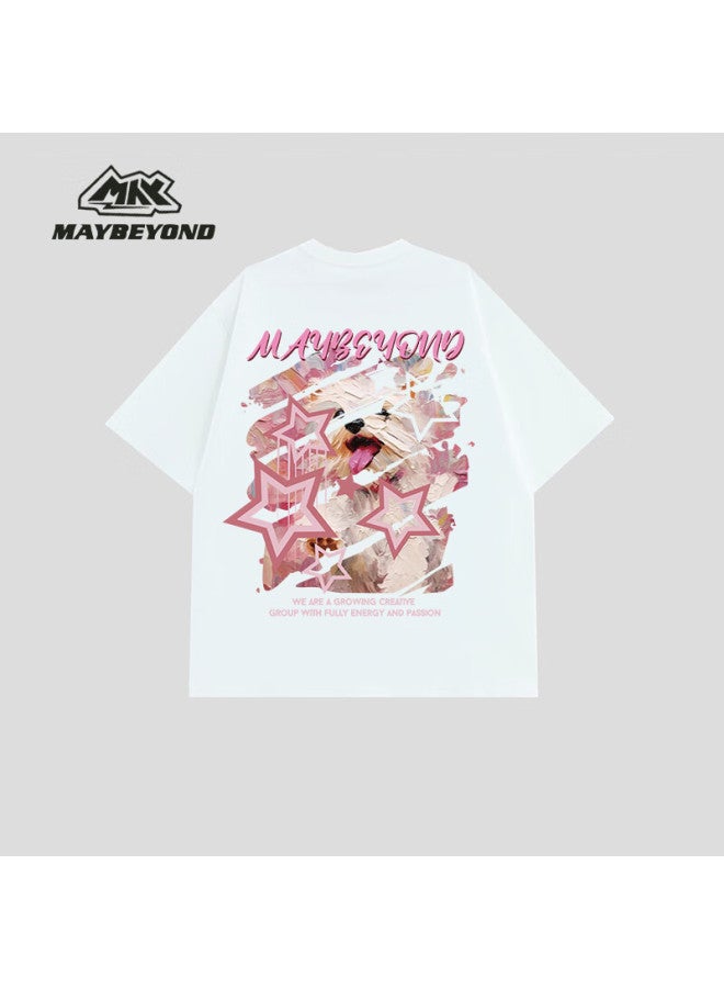 Maybeyond American Style Short Sleeve T-shirt Men Summer Loose Top Women Heavyweight Cotton Printed Base Shirt Ma06 White 3XL - Image 5