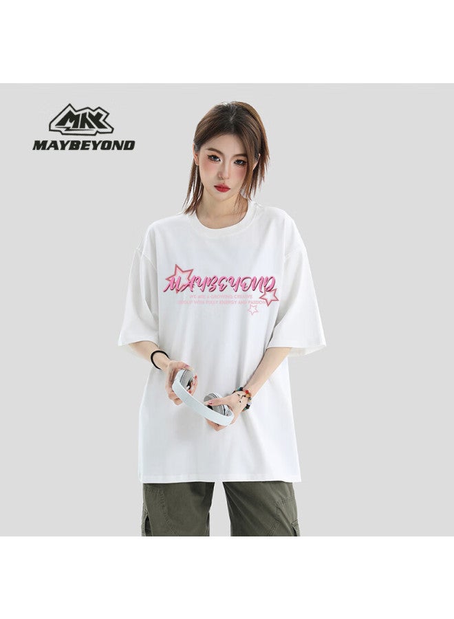 Maybeyond American Style Short Sleeve T-shirt Men Summer Loose Top Women Heavyweight Cotton Printed Base Shirt Ma06 White 3XL - Image 2