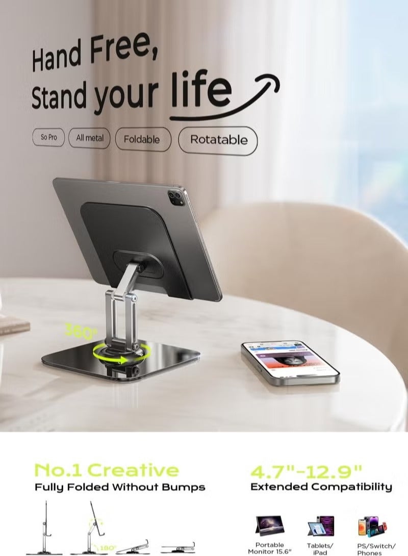 ريد ليف حامل آيباد، حامل معدني للهواتف والأجهزة اللوحية قابل للدوران 360 درجة، حامل أجهزة لوحية قابل للطي والتعديل لسطح المكتب، مناسب لسطح المكتب/PS/Switch، iPhone مقاس 12.9 بوصة - 4.7 بوصة - Image 2