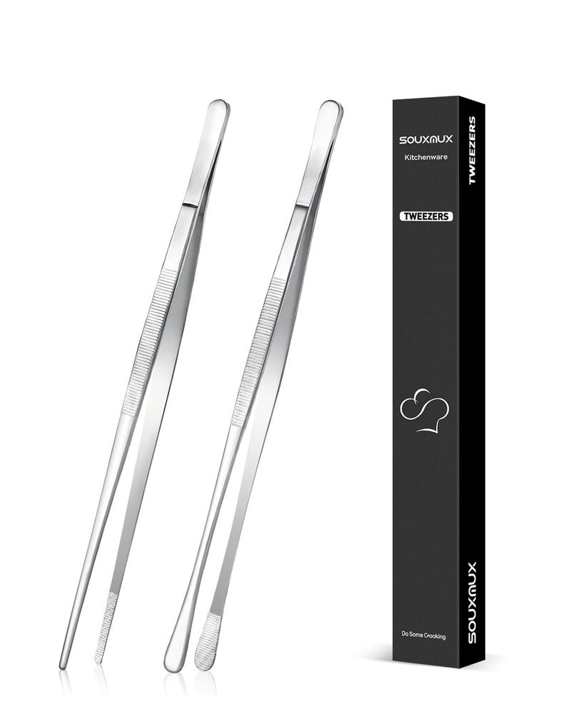 2 Pcs 10inch Cooking Tweezers Tongs Precision Serrated Tips Stainless Steel Professional Chef Tweezer Kitchen Tools for BBQ Plating and Serving Silver