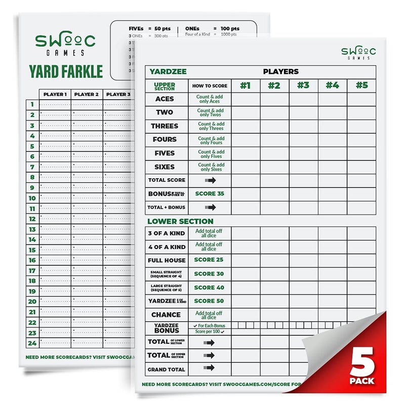 SWOOC Games - 5 Big Laminated Yardzee & Farkle Score Cards (11.5in x 8in) with Rules - Large Reusable Dry Erase Pads for Giant Outdoor Dice Games - Jumbo Score Sheet for Yardzee and Farkle - Image 1