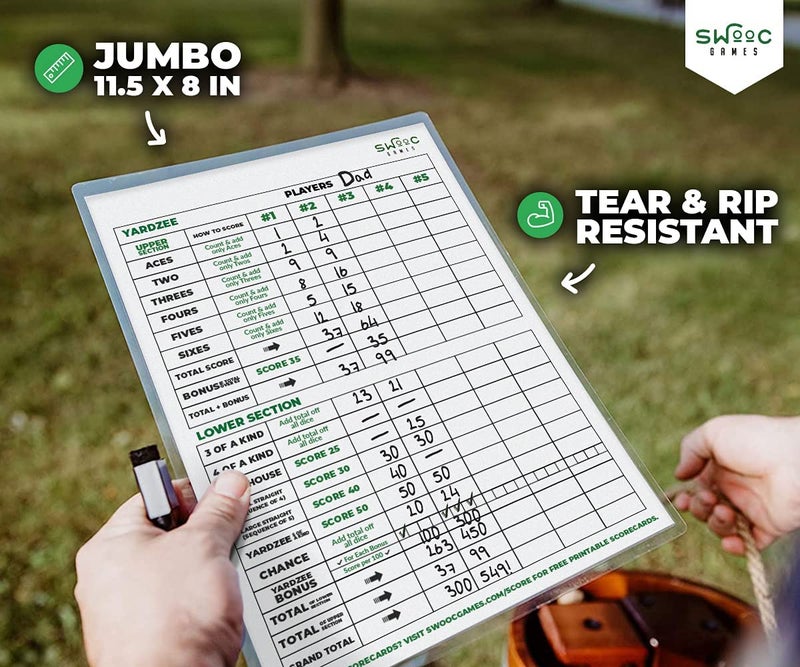 SWOOC Games - 5 Big Laminated Yardzee & Farkle Score Cards (11.5in x 8in) with Rules - Large Reusable Dry Erase Pads for Giant Outdoor Dice Games - Jumbo Score Sheet for Yardzee and Farkle - Image 4