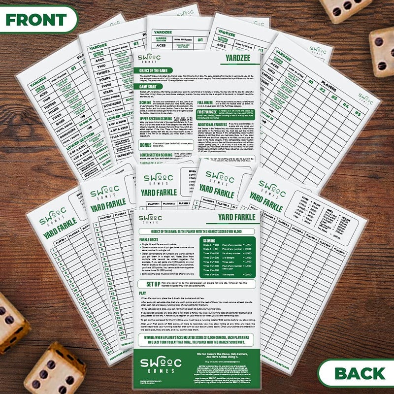 SWOOC Games - 5 Big Laminated Yardzee & Farkle Score Cards (11.5in x 8in) with Rules - Large Reusable Dry Erase Pads for Giant Outdoor Dice Games - Jumbo Score Sheet for Yardzee and Farkle - Image 3