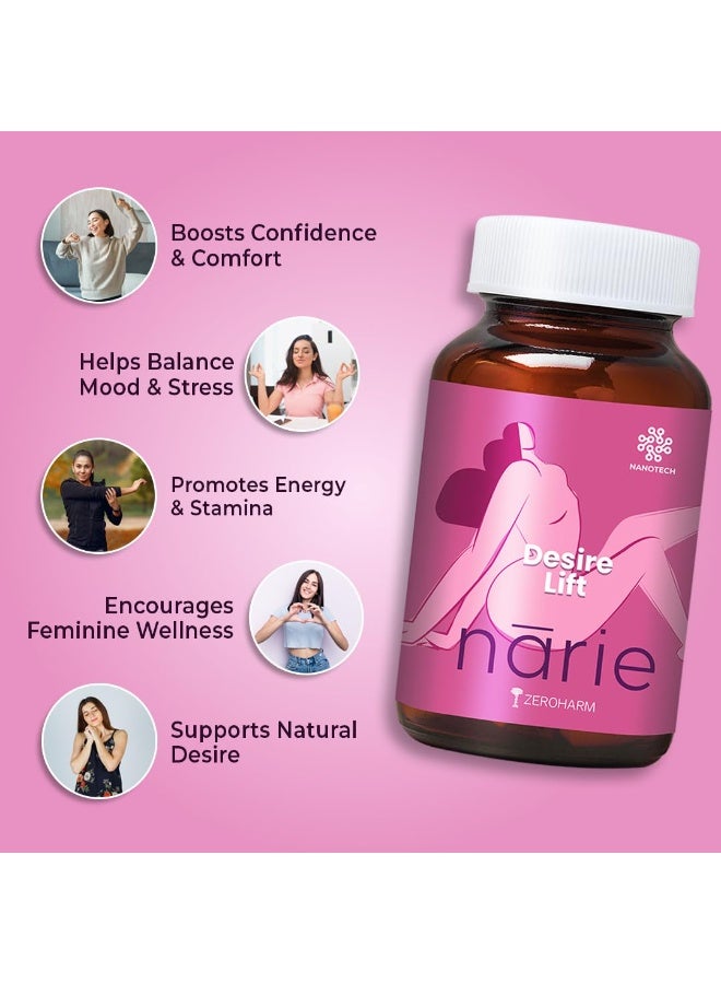 ZEROHARM Narie Desire Lift | with Maca Root, Ginseng, Ashwagandha, Safed Musli, L-Arginine for Intimate Wellness, Confidence, & Energy for Women - Plant Based Supplement - 60 Nano Formulated Capsules - Image 4
