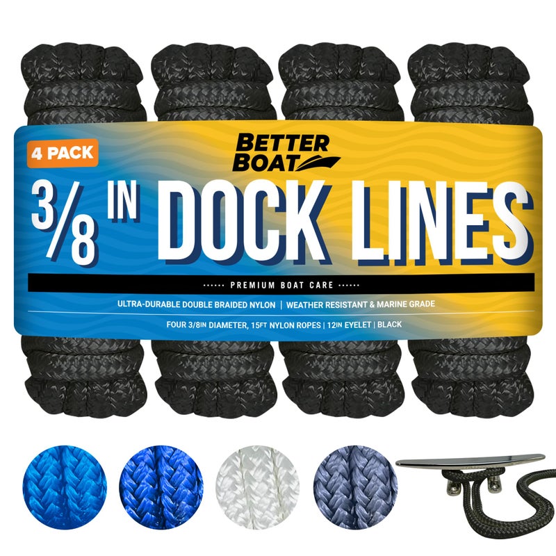 Dock Lines Boat Ropes for Docking 38 Double Braided Mooring Marine Rope 15ft Nylon Rope with Loop Black 4 Pack