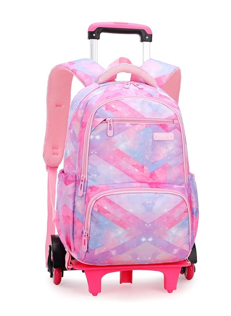Boys Girls Rolling Backpack Trolley School Bag Lattice Print Kids Luggage Wheeled Rucksack with 6 Wheels Pink - Image 1