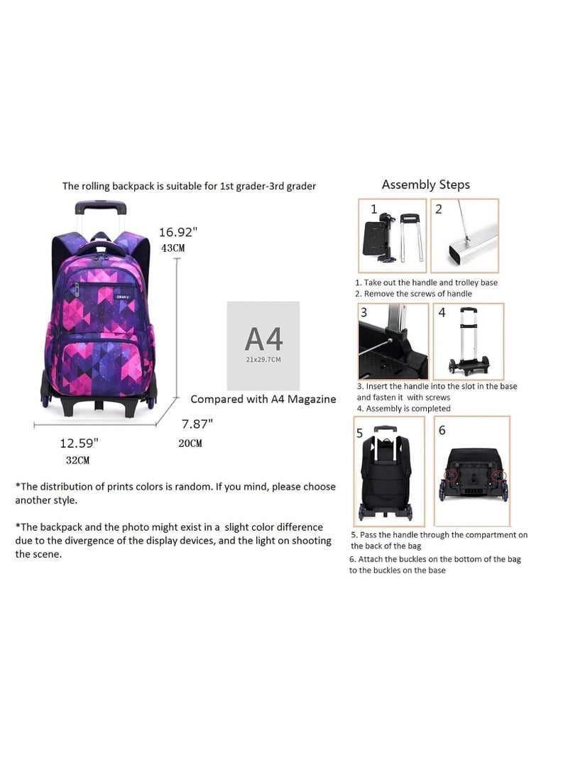 Boys Girls Rolling Backpack Trolley School Bag Lattice Print Kids Luggage Wheeled Rucksack with 6 Wheels Pink - Image 2