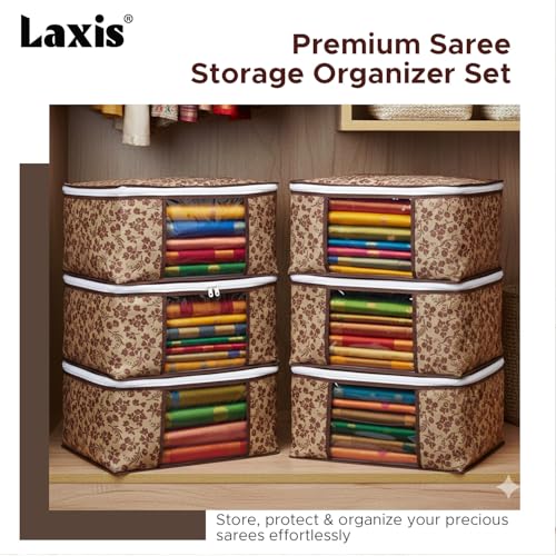 LAXIS® Saree Covers With Zip Non-Woven Printed Saree Cover/Saree Organizer For Wardrobe/Cloth Storage With Transparent Window/Saree Bags Storage/Clothes Organizer (Brown- Pack of 3) - Image 3
