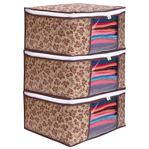 LAXIS® Saree Covers With Zip Non-Woven Printed Saree Cover/Saree Organizer For Wardrobe/Cloth Storage With Transparent Window/Saree Bags Storage/Clothes Organizer (Brown- Pack of 3) - Image 1