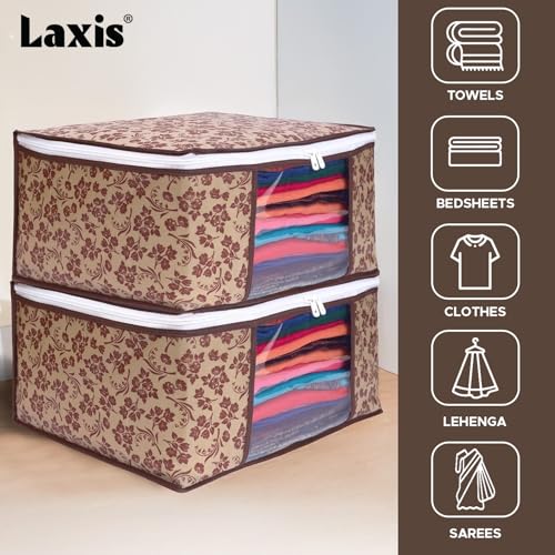 LAXIS® Saree Covers With Zip Non-Woven Printed Saree Cover/Saree Organizer For Wardrobe/Cloth Storage With Transparent Window/Saree Bags Storage/Clothes Organizer (Brown- Pack of 3) - Image 5