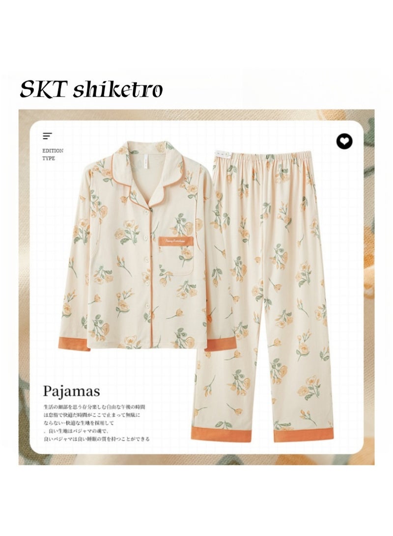 SKT Shiketro Women's Maternity and Nursing Pajama Set, Postpartum Home Wear, Double-Layer Long-Sleeved Pajamas (Yellow) - Image 1