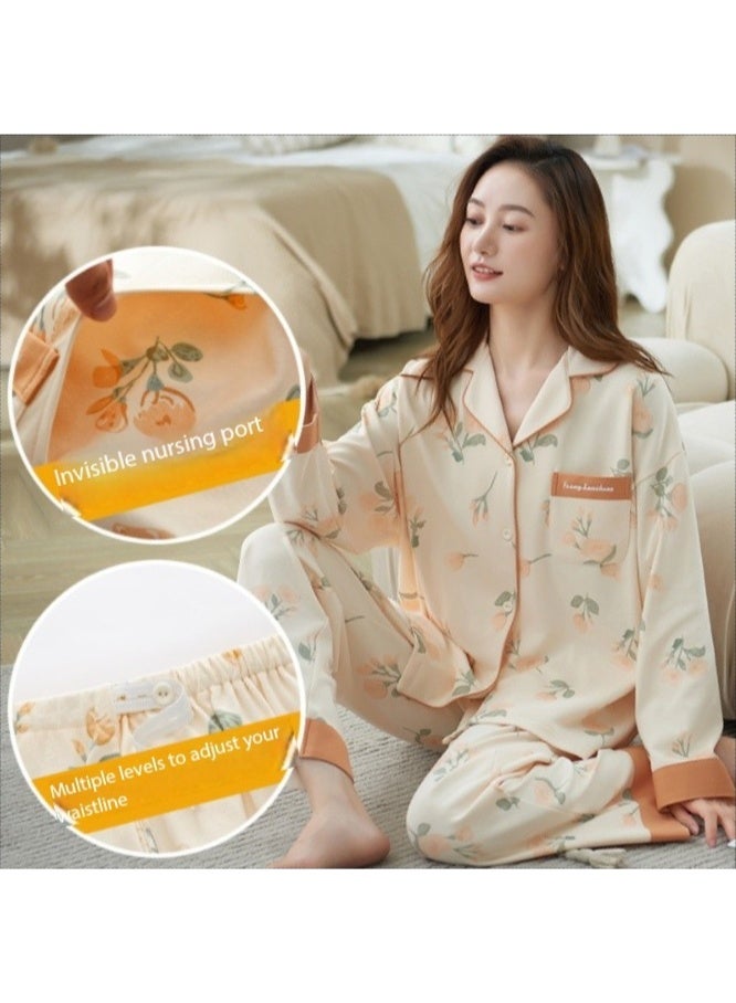 SKT Shiketro Women's Maternity and Nursing Pajama Set, Postpartum Home Wear, Double-Layer Long-Sleeved Pajamas (Yellow) - Image 2