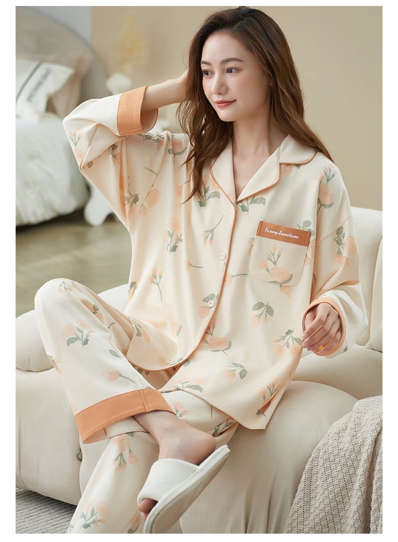 SKT Shiketro Women's Maternity and Nursing Pajama Set, Postpartum Home Wear, Double-Layer Long-Sleeved Pajamas (Yellow) - Image 5