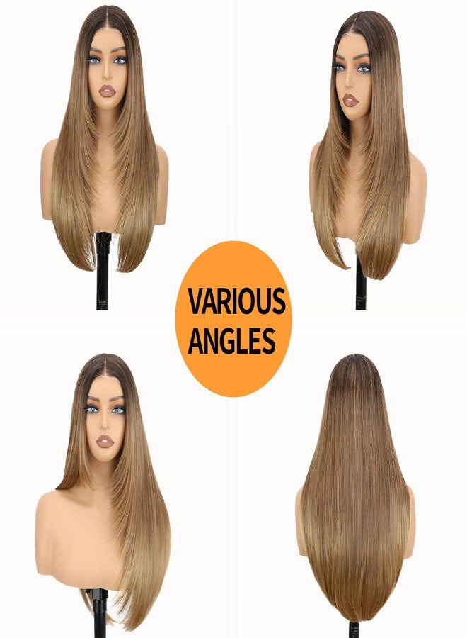 NOSTALGIA Brown and Blonde Highlight Straight Lace Front Wig Pre Cut Glueless Synthetic Layered Wig 24 Inch Middle Part Closure Wig For Women Upgraded with Premium Fiber - Image 2