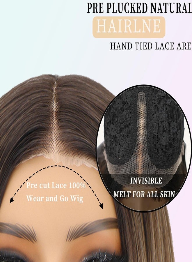 NOSTALGIA Brown and Blonde Highlight Straight Lace Front Wig Pre Cut Glueless Synthetic Layered Wig 24 Inch Middle Part Closure Wig For Women Upgraded with Premium Fiber - Image 4