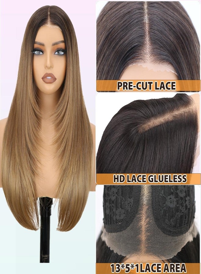 NOSTALGIA Brown and Blonde Highlight Straight Lace Front Wig Pre Cut Glueless Synthetic Layered Wig 24 Inch Middle Part Closure Wig For Women Upgraded with Premium Fiber - Image 5