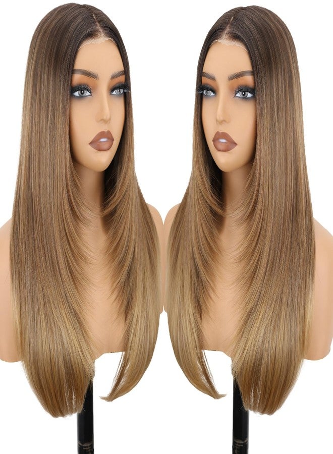 NOSTALGIA Brown and Blonde Highlight Straight Lace Front Wig Pre Cut Glueless Synthetic Layered Wig 24 Inch Middle Part Closure Wig For Women Upgraded with Premium Fiber - Image 1