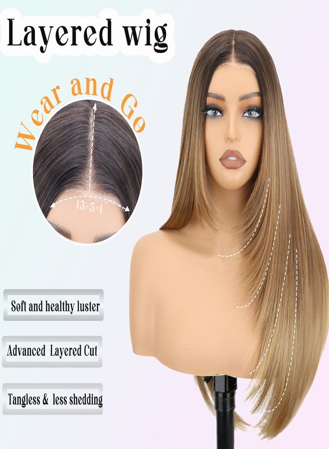 NOSTALGIA Brown and Blonde Highlight Straight Lace Front Wig Pre Cut Glueless Synthetic Layered Wig 24 Inch Middle Part Closure Wig For Women Upgraded with Premium Fiber - Image 3