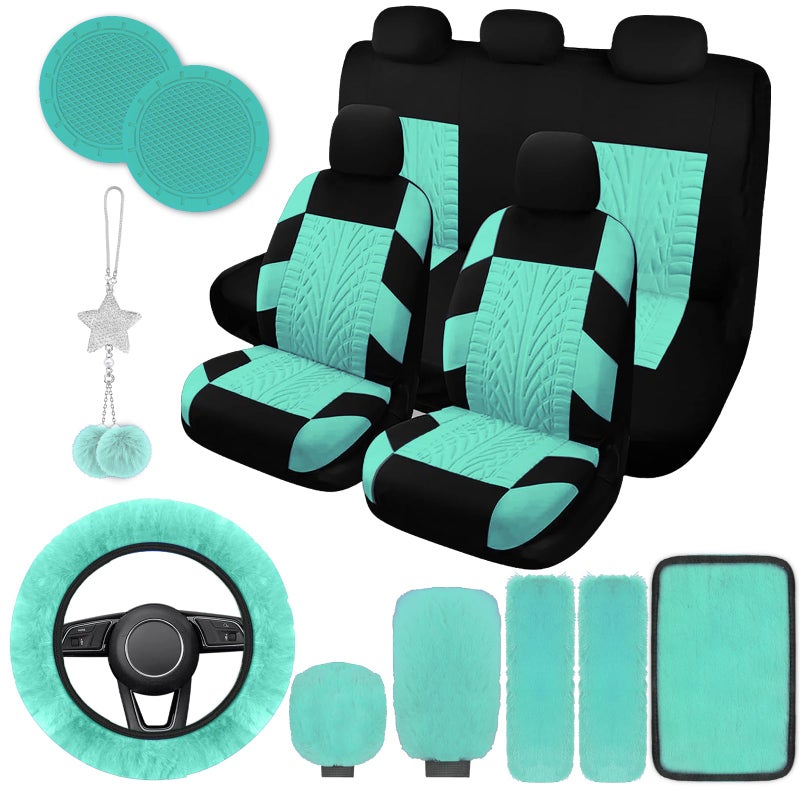 JINGSEN 17 Car Seat Cover Full Set for WomenUniversal Car Seat CoverPlush Steering Wheel CoverFluffy Soft Wool Handbrake GearSuspension Accessories Full SUV Patterned Mint Green