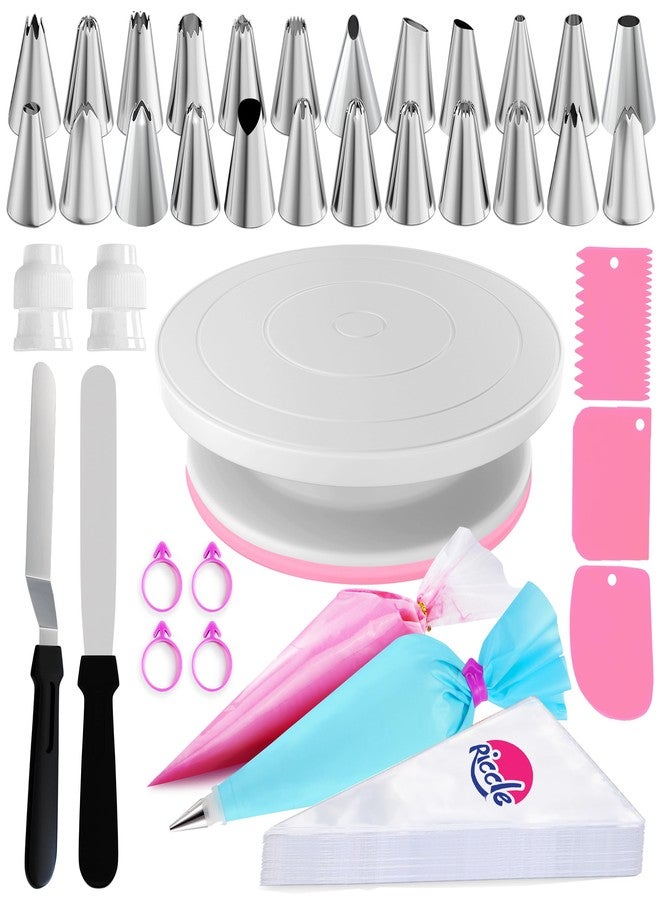 Riccle 88 pcs Cake Decorating Kit with Pink Cake Turntable - Includes 50 Disposable + 2 Reusable Piping Bags and Tips Set, 24 Icing Piping Tips, 2 Spatulas, 3 Icing Comb Scraper, Baking Supplies - Image 1