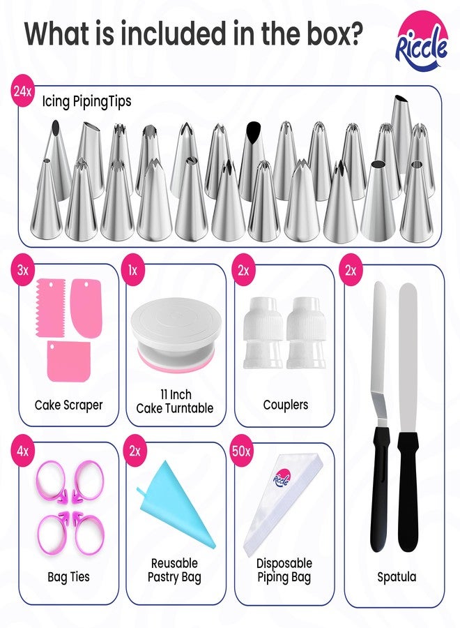 Riccle 88 pcs Cake Decorating Kit with Pink Cake Turntable - Includes 50 Disposable + 2 Reusable Piping Bags and Tips Set, 24 Icing Piping Tips, 2 Spatulas, 3 Icing Comb Scraper, Baking Supplies - Image 3