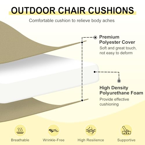 downluxe Outdoor Chair Cushions Set of 6 for Patio Furniture WaterResistant Square Corner Patio Chair Cushions with Ties High Density Foam Outdoor Seat Cushion 185 X 16 X 3 Khaki - Image 3