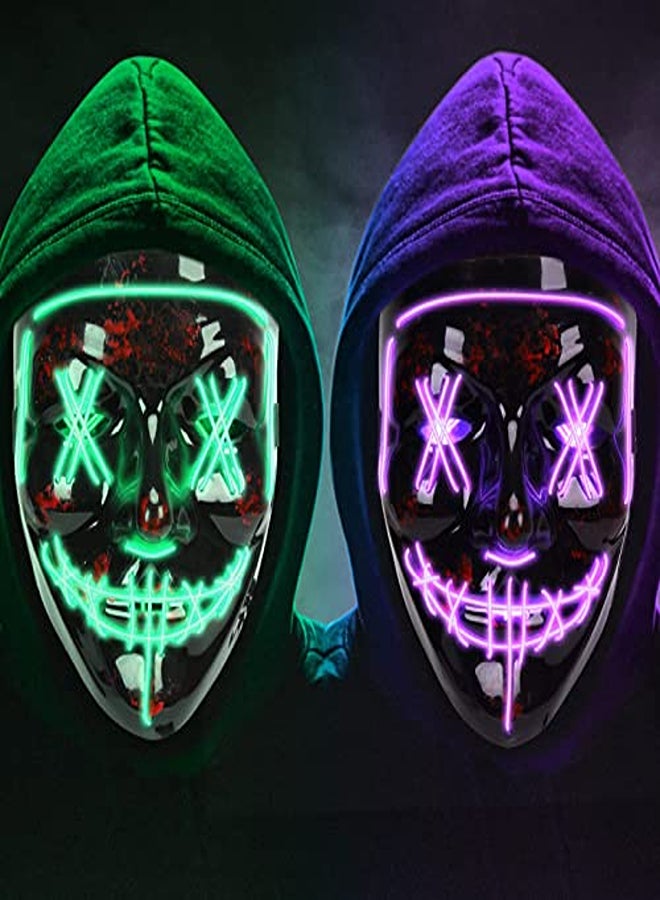 عبوة من 2 أقنعة تطهير LED للهالوين - أقنعة تنكرية مضيئة باللونين الأخضر والأرجواني - Image 2