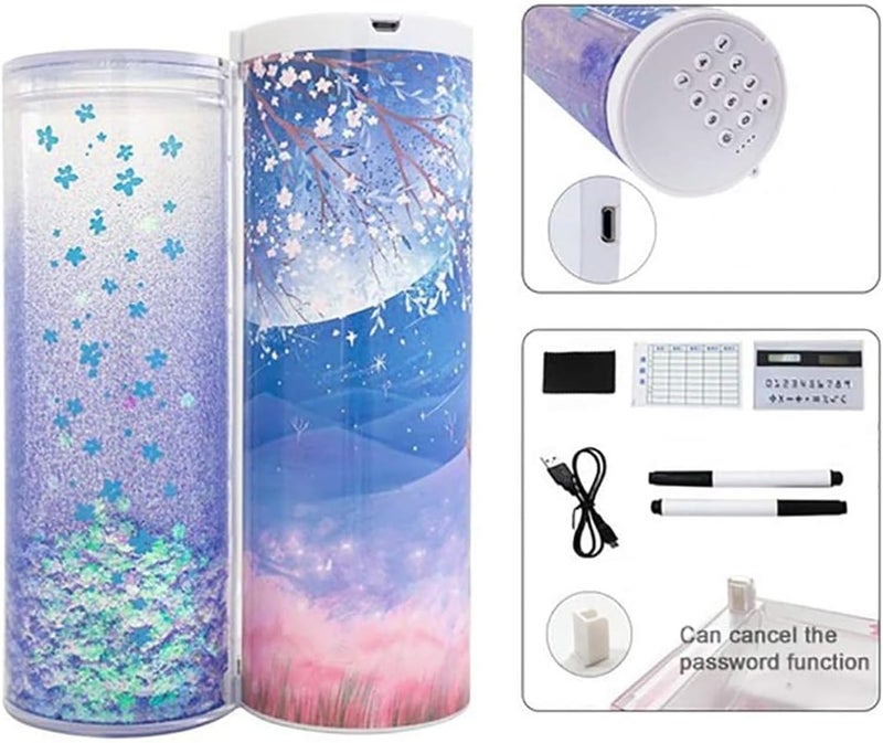 Multi-function Pencil Case, with Digital Password Lock, Beautiful Quicksand Translucent Design, Creative Cylindrical School Box with Calculator and Large Storing Space for Students, 1 Pcs - Image 3