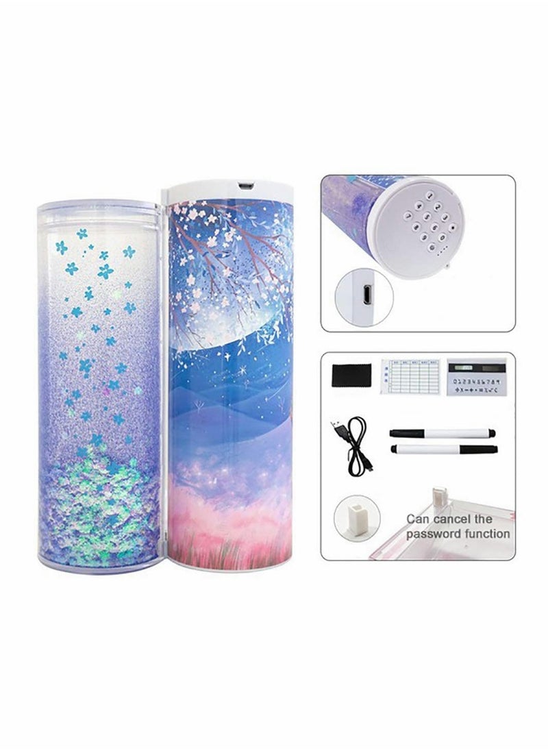SYOSI - Multi-function Pencil Case with digital password lock, Beautiful Quicksand Translucent design, Creative cylindrical school box with calculator and large storing space (Purple Sakura) - Image 1