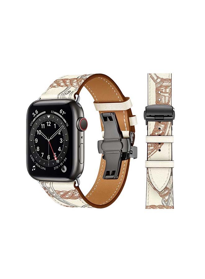 Perfii Genuine Leather Replacement Band with Black Buckle for Apple Watch Series 6/SE/5/4/3/2/1 44/42mm Brown/White